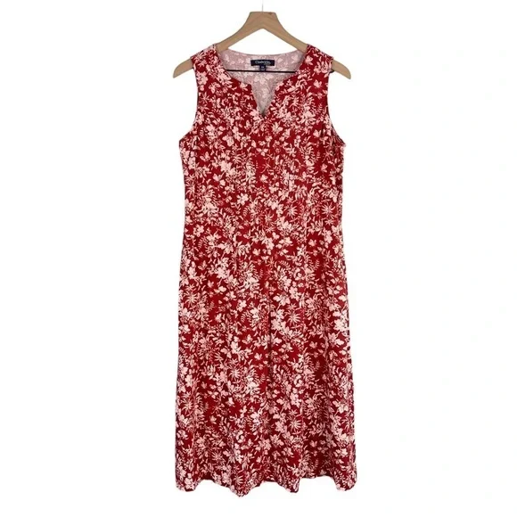 Chadwicks of Boston Dress Medium PETITE Red Floral Print Washable Linen Midi - Picture 1 of 9